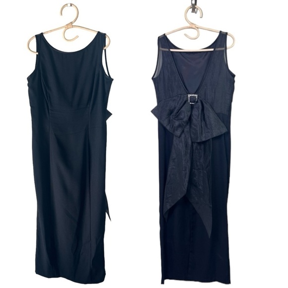 Betsy & Adam Black Mesh V Back Oversized Bow Rhinestone Occasion Party Dress - Picture 2 of 16